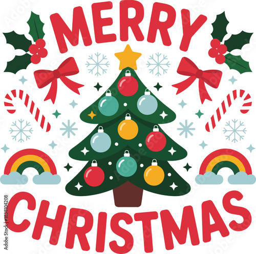 Festive Merry Christmas greeting illustration with decorated tree, holly, and holiday bows