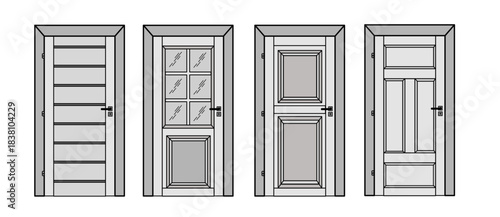 Doors with frames.  Technical CAD Front drawings, set of doors in front view, for projects views - vector illustration