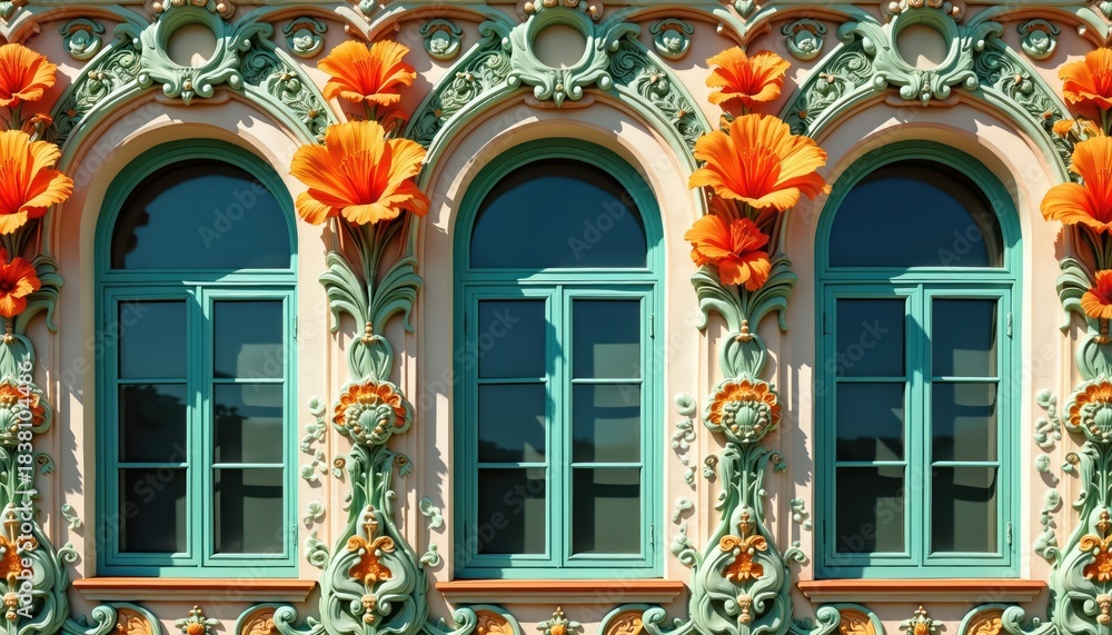 Fototapeta premium Illustration of building facade. Art Nouveau design features floral motifs, ornate details. Arched windows with turquoise frames. Colorful facade decor with bright orange flowers. Architectural