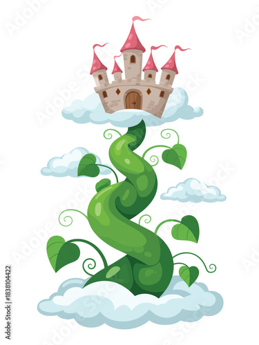 A green spiral vine with heart leaves curls upwards towards a whimsical castle with red roofs floating among white clouds