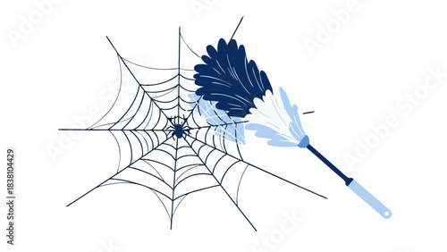 Dusting brush with blue and white bristles reaching towards a delicate spiderweb against a stark black background symbolizing cleaning and pest removal