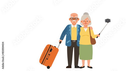 Elderly Couple Posing for Selfie with Suitcase Ready for Travel on Black Background