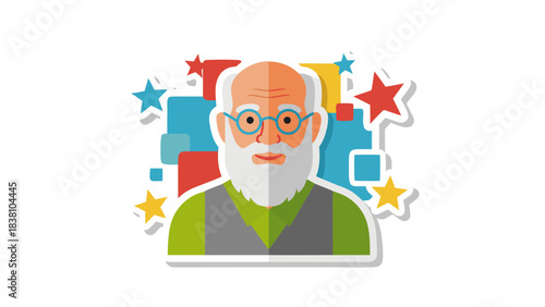 Elderly Man with White Beard and Glasses Portrait Surrounded by Colorful Abstract Shapes and Stars Festive Celebration and Joyful Atmosphere Illustration