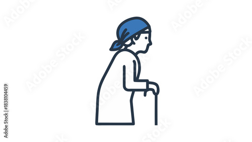 Elderly Person With Cane Standing Side Profile Wearing Blue Headscarf and White Garment Simple Illustration Against Black Background