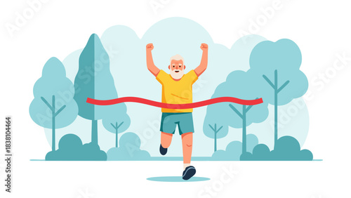 Elderly man with white hair and beard crossing finish line with arms raised in victory celebration during outdoor race competition in park with trees and bushes in background flat illustration style