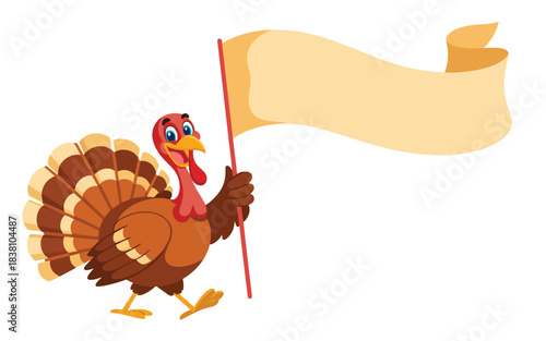 A cartoon turkey holding a flag in a celebratory scene