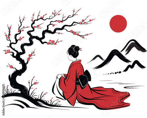 Japanese Woman in Kimono Under Cherry Blossom Tree with Mountains