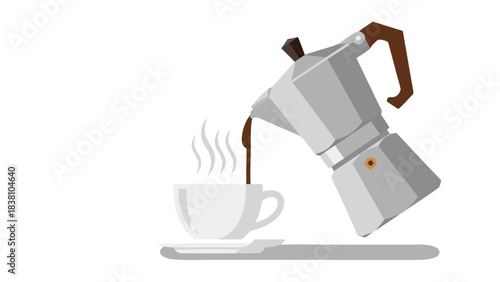Espresso Coffee Being Poured From a Moka Pot Into a White Cup on a Saucer Against a Black Background With Subtle Steam Wisps