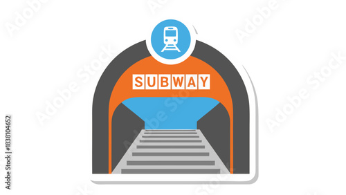 Entrance to a subway station with stairs leading down to the tracks under an orange archway with the word SUBWAY and a blue sky visible