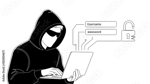 Hacker in hoodie using laptop for cybercrime with unlocked padlock symbolizing data breach and security vulnerability