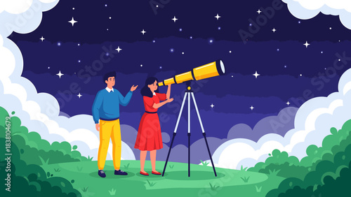 Couple gazes at starry night sky through telescope on grassy hill, exploring cosmos and nature