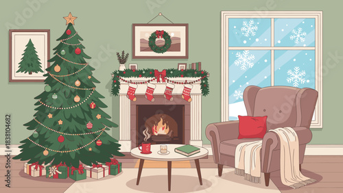 Cozy living room decorated for christmas with a fireplace, armchair, and decorated tree, snowing outside.