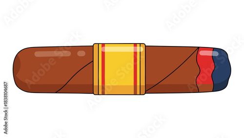 Detailed Illustration of a Brown Cigar with Yellow and Red Band Featuring a Dark Blue and Red Tip on a Solid Black Background