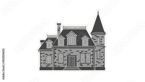 Detailed illustration of a classic gray stone house with a pointed turret and multiple dormer windows set against a black background