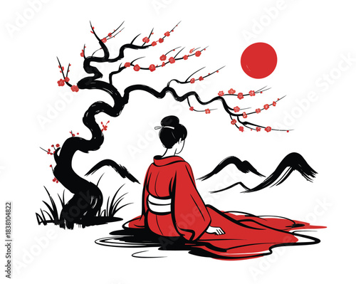 Japanese Woman in Kimono Admiring Cherry Blossoms Under the Sun