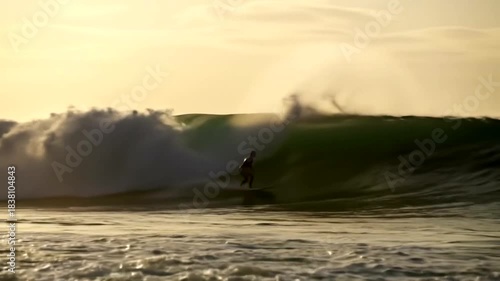 Surfer rides a massive wave during a golden sunset at sea.