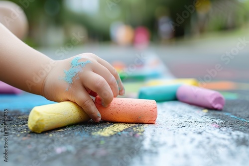 Fototapeta Naklejka Na Ścianę i Meble -  A small child's hand grasps bright chalk while drawing on the pavement in a residential area. The ground is marked with various colors. Other kids are playing nearby