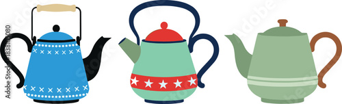 Cute teapot collection set with cozy winter patterns, colorful kitchen drinkware vector illustration in flat design