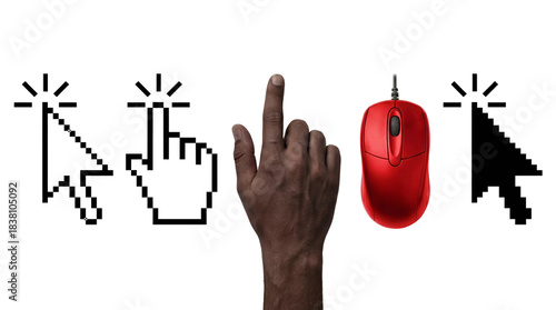 Black hand clicking gesture with pixel cursors set and red computer mouse on white or transparent background.