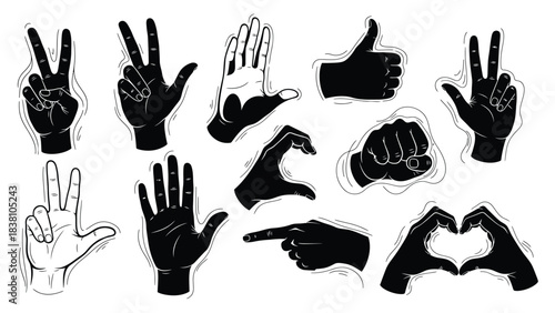 Collection of Hand Gestures Icons in Silhouette peace sign