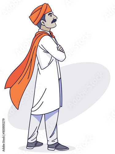 A confident man standing with arms crossed. He wears a white kurta and churidar, an orange turban, and an orange shawl draped over one shoulder.