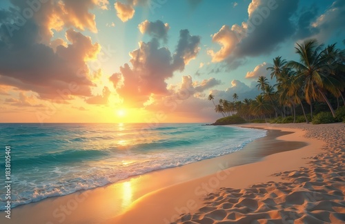 Warm sun sets over calm ocean waves, casting golden light on sandy beach and palm trees. Colorful clouds fill sky, creating serene tropical paradise scene.