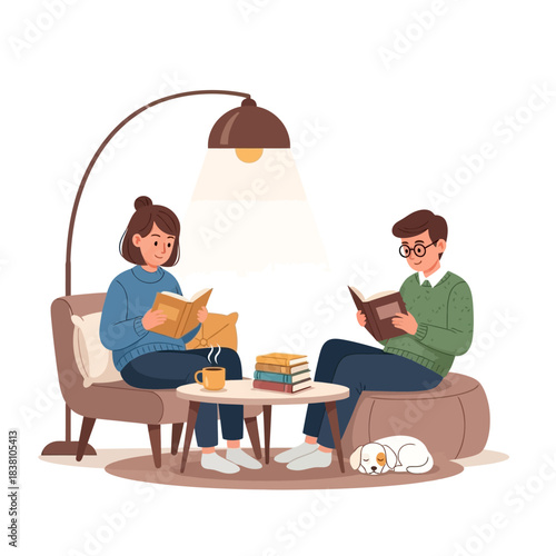 Cozy literary companionship: Couple enjoys quiet reading time together at home relaxation