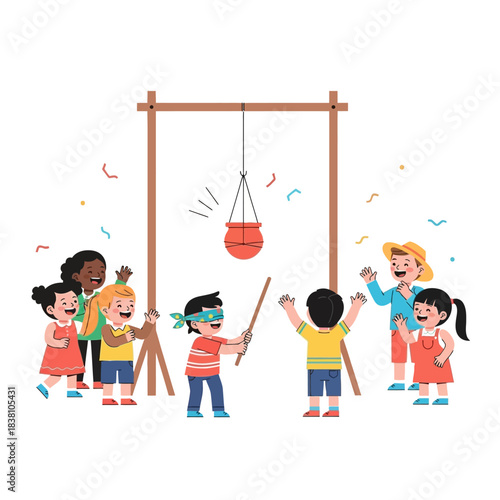 Enchanting childhood party game with diverse children, joyfully hitting a pi?ata, celebrating a