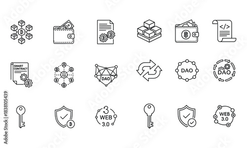 Blockchain, cryptocurrency & web3 line icons: smart contract, dao, wallet, security