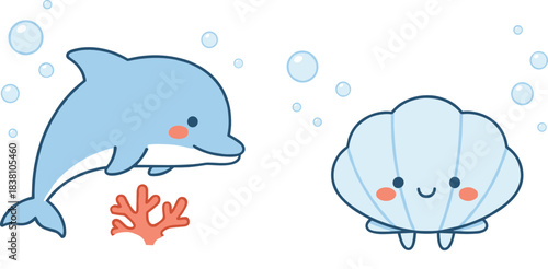 Cute underwater cartoon set with smiling dolphin and seashell characters, adorable marine animal vector illustration