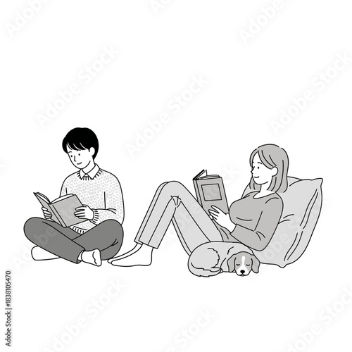 Monochrome moments: Couple immersed in their reading activities at home indoors