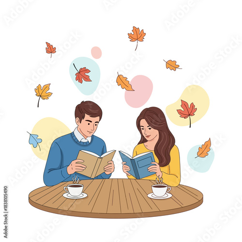 Autumnal ambiance a couple enjoying literature and tea with falling leaves softly filtering down