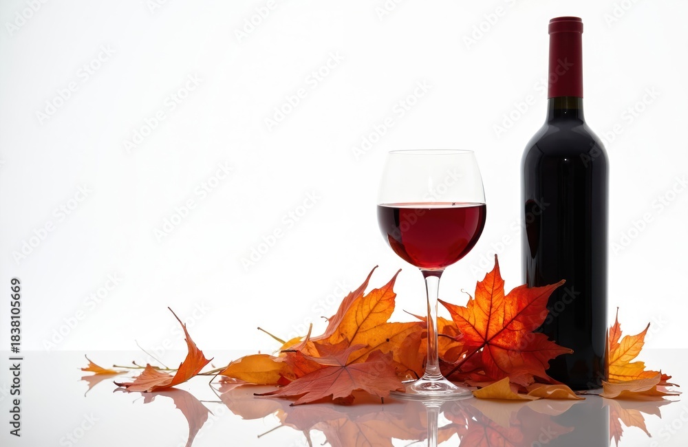 Obraz premium Red wine bottle and glass sit with vibrant fall maple leaves against a clean white background. Autumn harvest beverage, taste of fall season, romantic concept for holiday celebration.