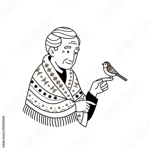 Serene illustration of an elderly person bonding with a small bird on their finger symbolising