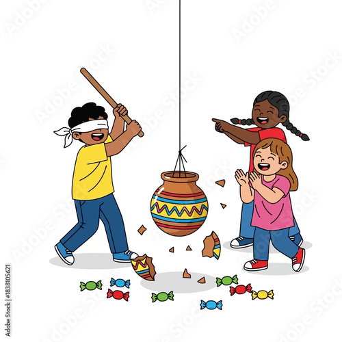 Joyful children smashing pinata with stick colorful cartoon illustration design