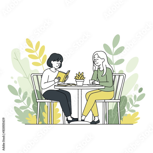 Illustration depicting two friends reading and enjoying a quiet moment together in a leafy setting