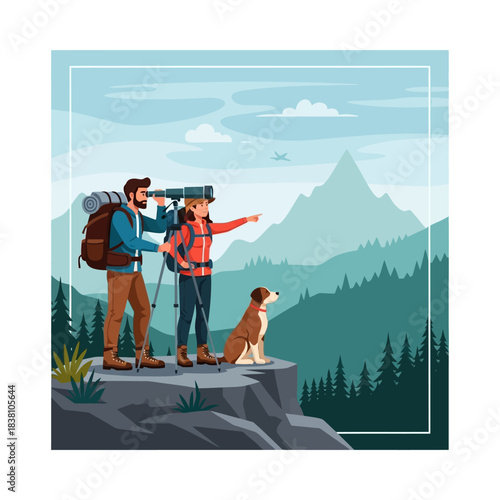 Couple exploring a scenic mountain range with a dog using a telescope enjoying nature landscape
