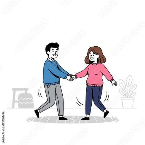 Animated young couple joyfully dancing in a minimalist living space, creating cheerful ambiance