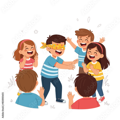 Group of cheerful children playing hide and seek outdoors with blindfolded leader during daylight