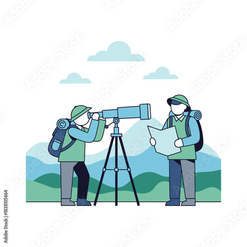 Exploration and adventure: A scenic journey with a telescope and a geographical map outdoors