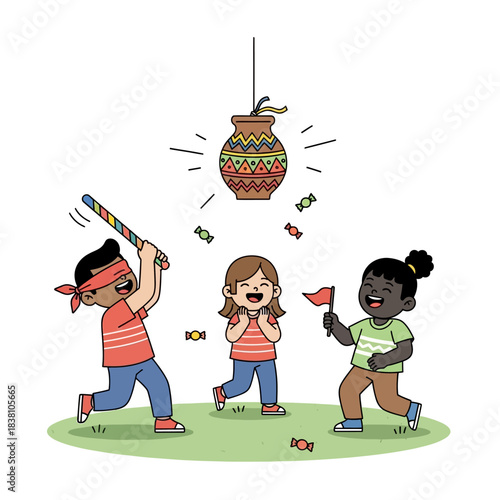 Children joyfully playing at a festive celebration with a traditional pi?ata activity full of