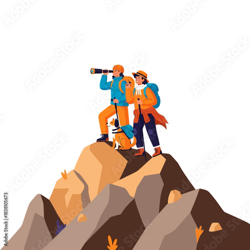 Adventurous couple enjoying panoramic views with their dog on a mountain top excursion