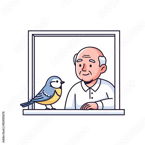 An elderly man looks outside a window at a bird watching it with curiosity and interest