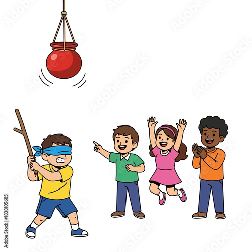 Children engage in an exciting pi?ata game at a joyous celebration under string bound pot