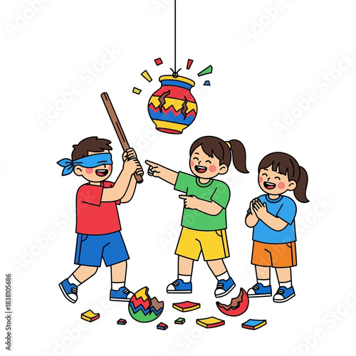 Illustrative children's game of hitting a suspended colorful jar with a stick for fun and surprises