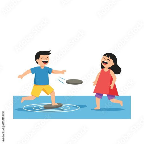 Illustrative scene of children playing by the pool with a disc game with happiness atmosphere