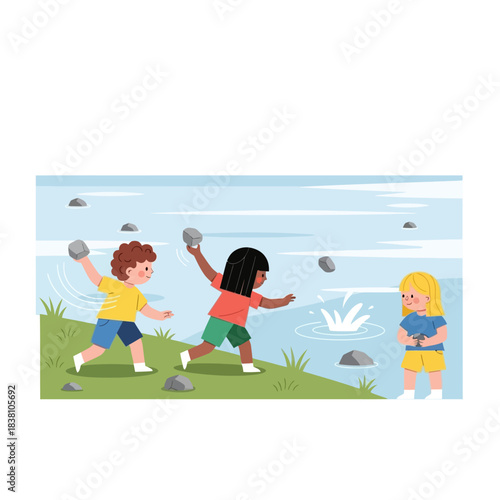 Children's riverside amusement: playful trio throwing stones into the glistening surface of the
