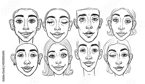 Diverse Hand Drawn Faces with Various Expressions portrait head