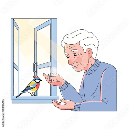 An elderly man looking with tenderness at a colorful bird standing on the window sill