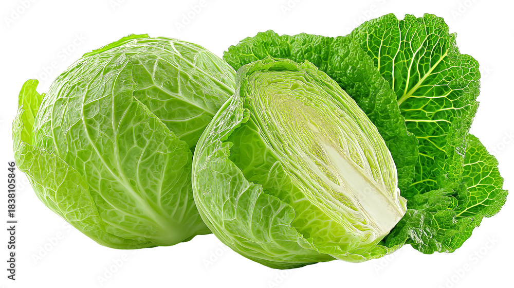 Fototapeta premium Fresh vibrant savoy cabbage vegetable whole and halved with textured leaves